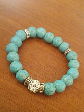 Turquoise Beaded Stretch Bracelet with Crystal Rhinestone Accents